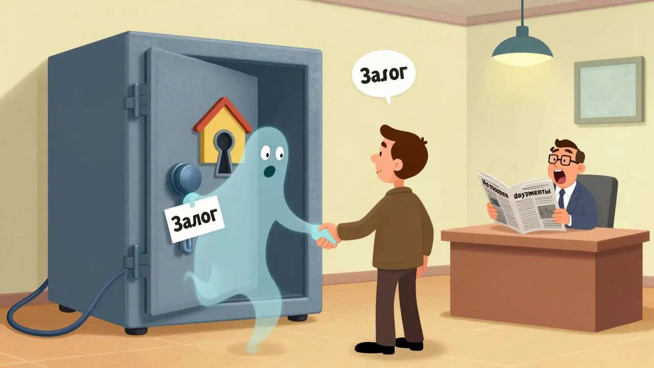 Двое shaking hands у банковской ячейки, но внутри — призрак с долгами, а банк не замечает.
