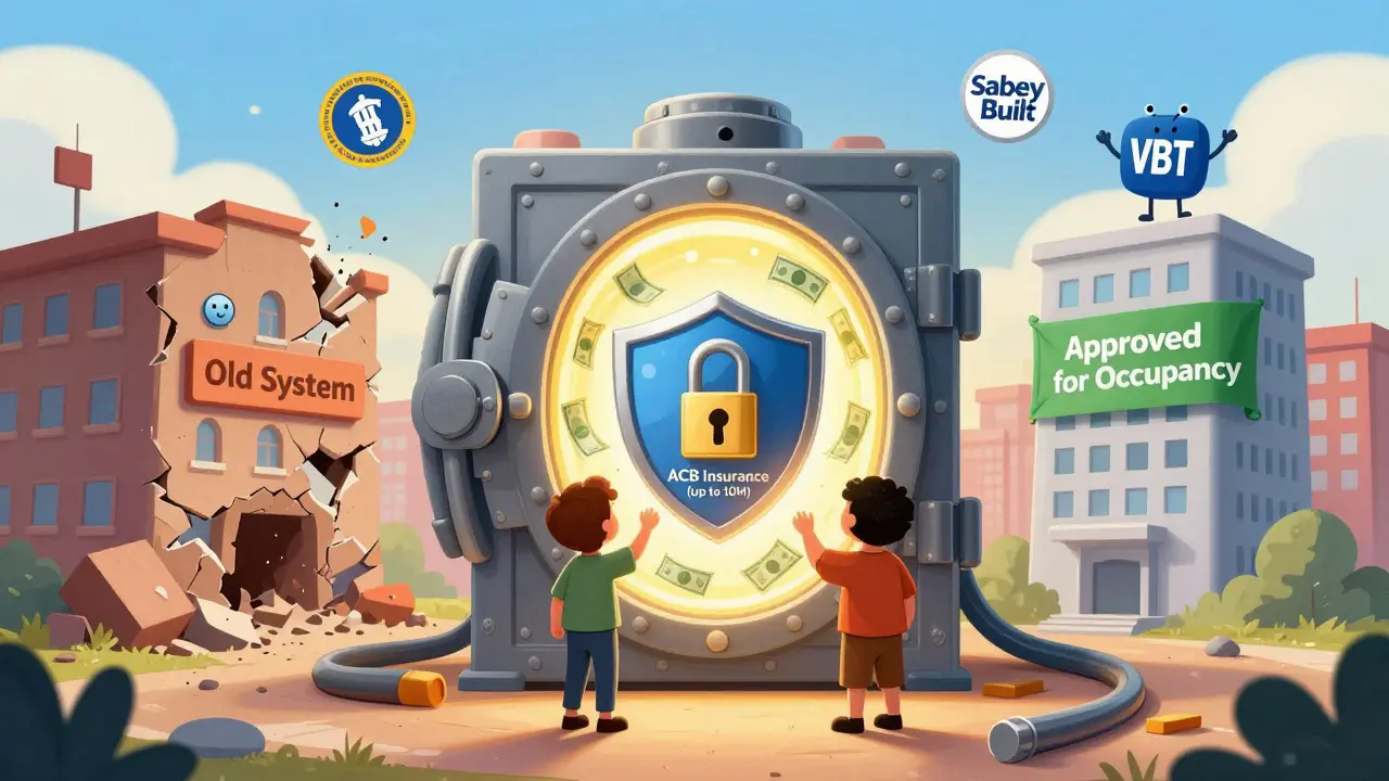 Семья наблюдает, как деньги безопасно хранятся в светящемся эскроу-счете, а старая система рушится.