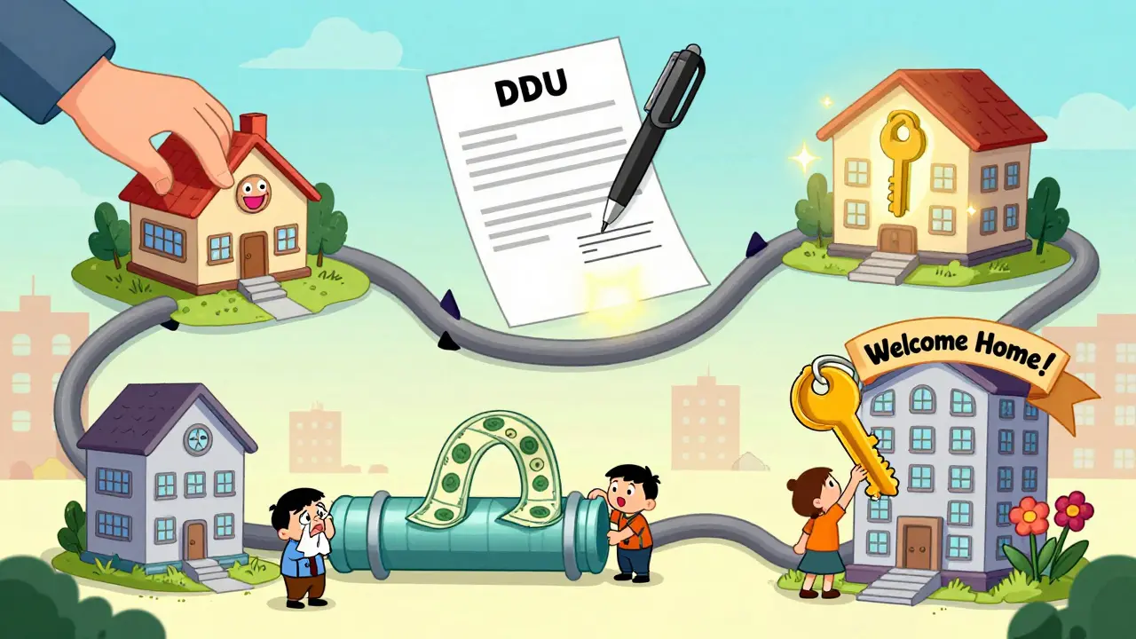 Веселая пошаговая дорожка: выбор дома, подписание договора, открытие эскроу, перевод денег и получение ключей.