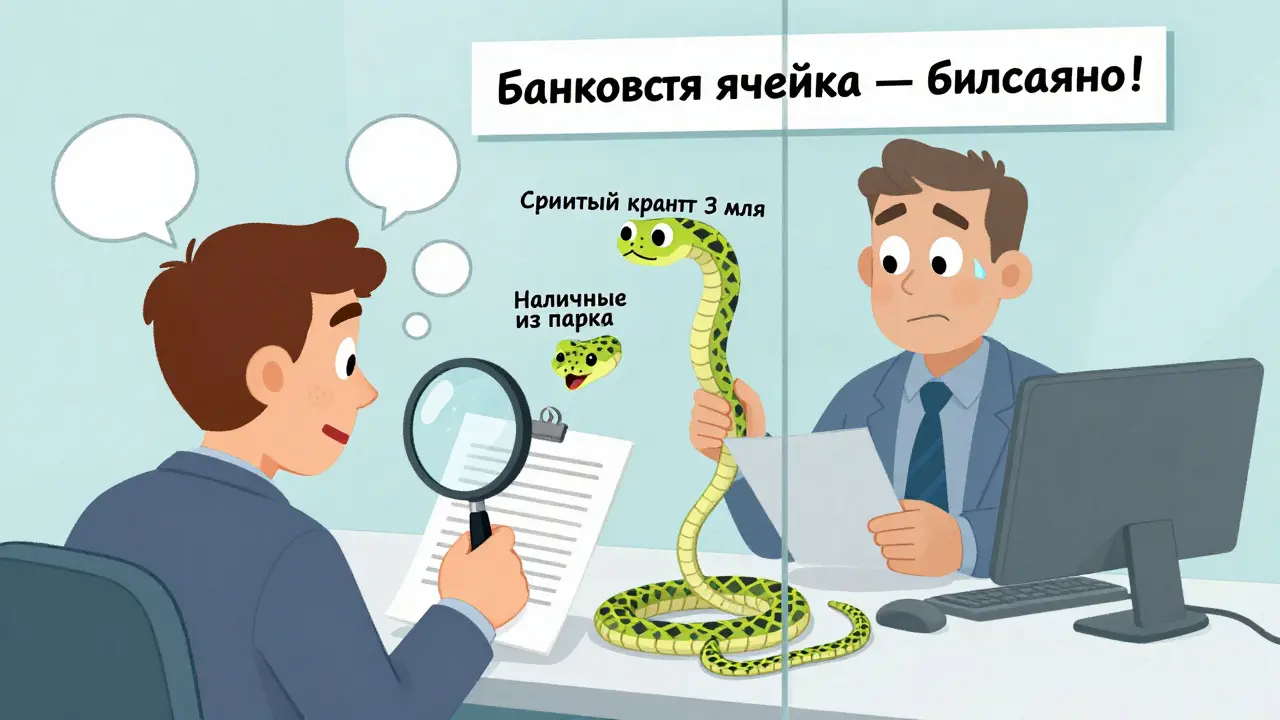 Банковский служащий проверяет финансовые бумаги, превращающиеся в змей, покупатель потеет, продавец спокоен.