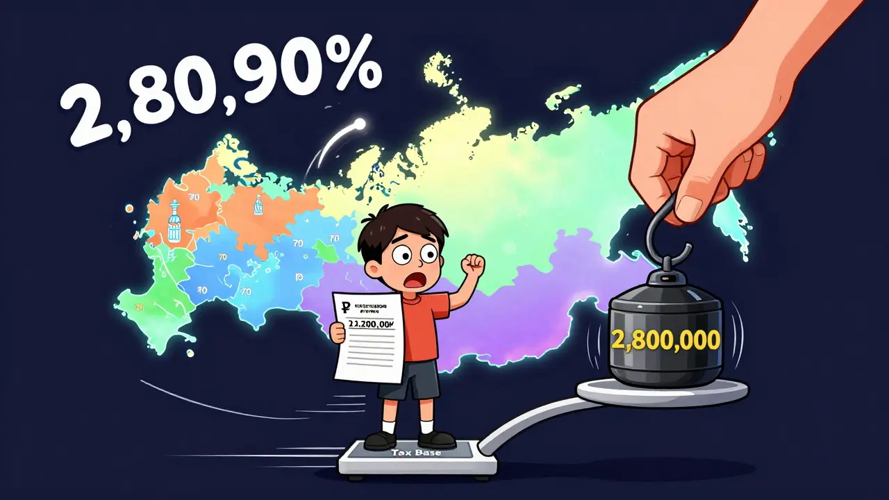 Человек на весах с договором о продаже, но сверху падает более высокая налоговая база с региональными цветами России.