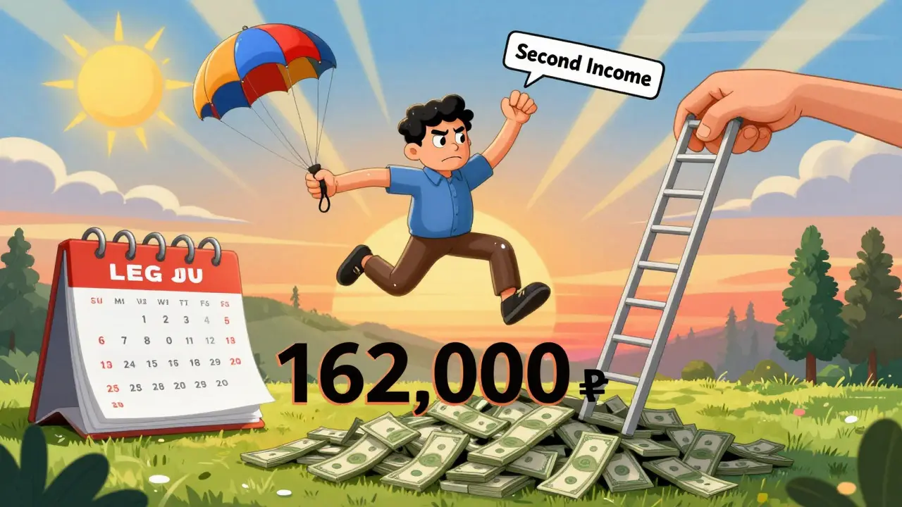 Человек прыгает через барьер дохода, ему помогают лестницей и парашютом созаёмщика.