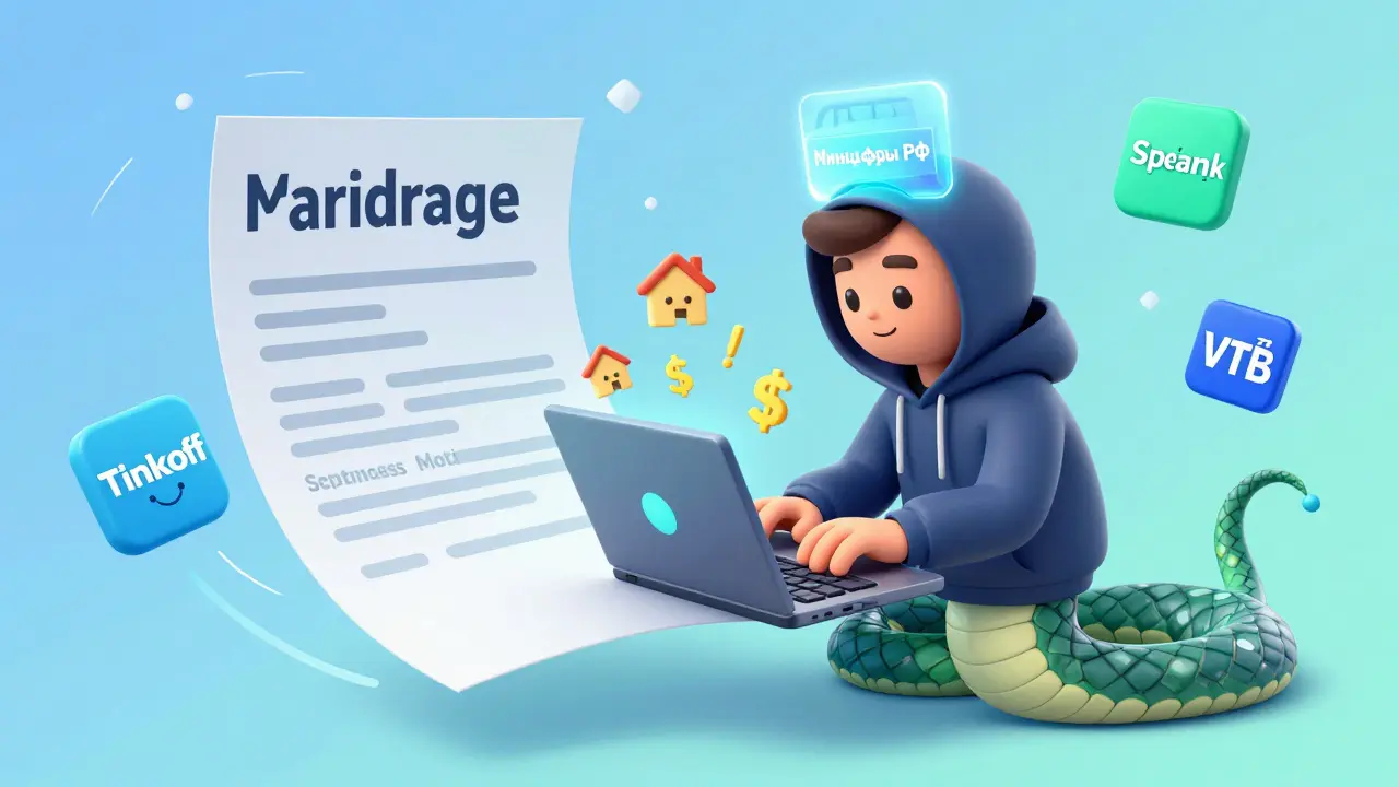 ИТ-специалист с значком Минцифры получает ипотеку через волшебный договор, вокруг — логотипы банков.