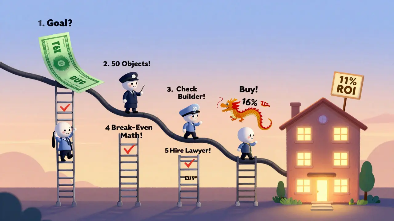 Маленький человек лазит по лестнице из шагов инвестирования, избегая препятствий.