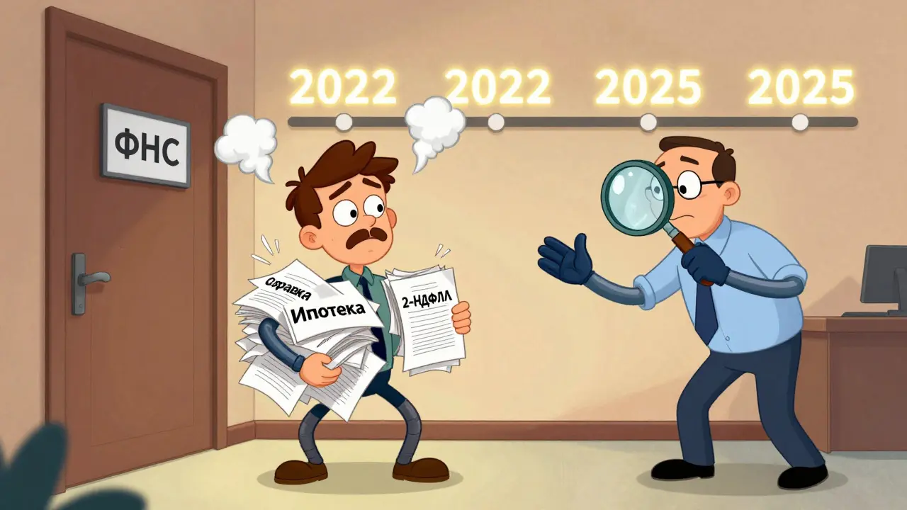 Мужчина с кучей бумаг получает помощь от дружелюбного сотрудника налоговой в анимационном стиле.