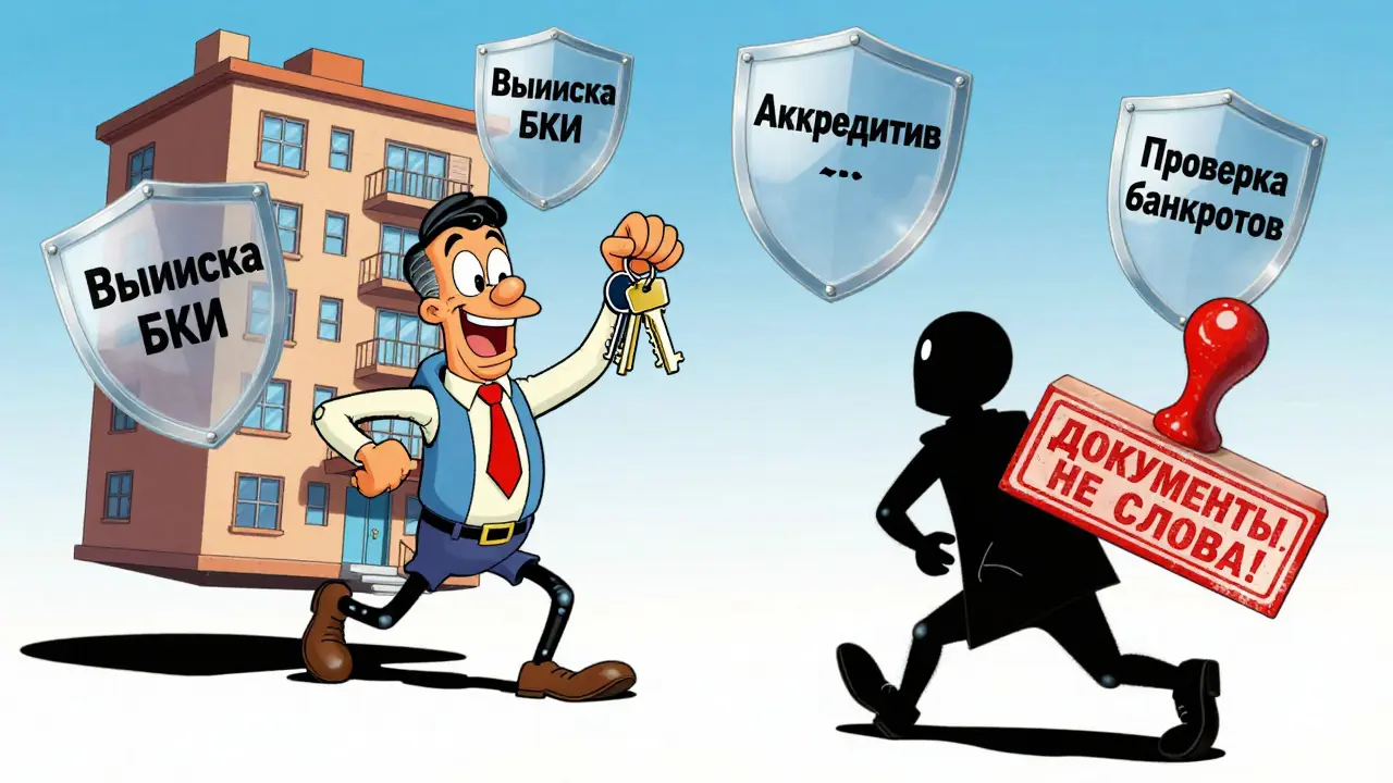 Продавец в броне из документов, покупатель-тень убегает, надпись &#039;Документы, не слова!&#039; в мультяшном стиле.