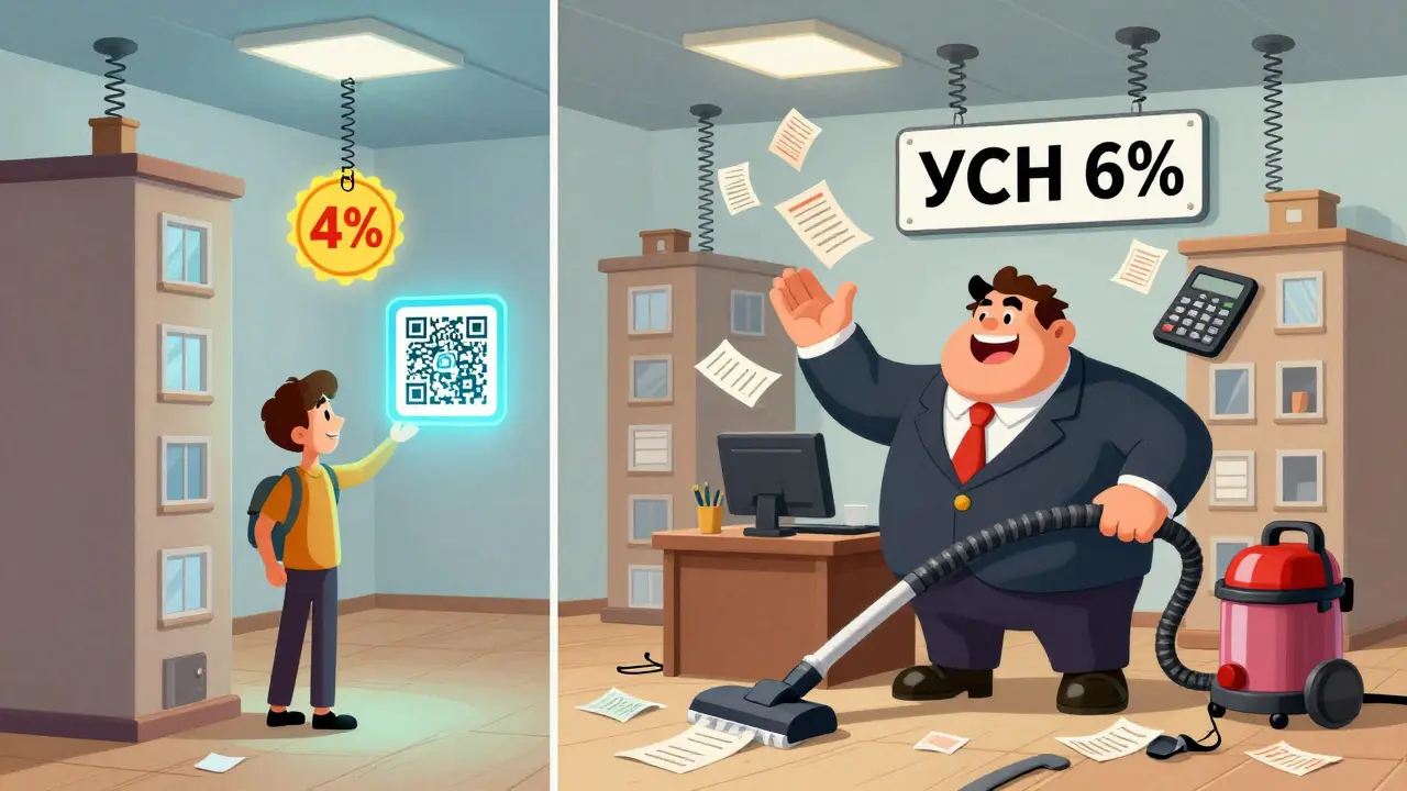 Сравнение: один дом с 4% налогом слева и три квартиры с ИП и расходами справа, все в мультяшном стиле.