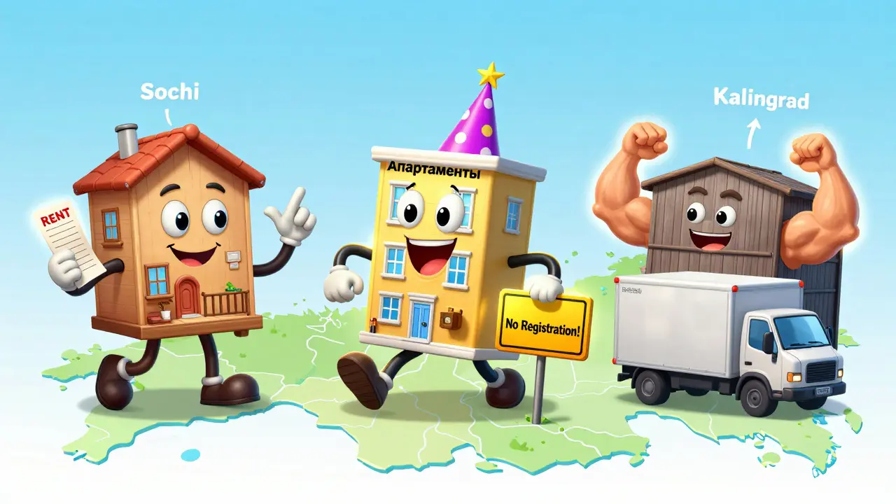 Три типа недвижимости в виде персонажей: квартира, апартаменты и склад, на карте России.