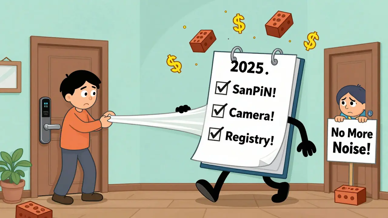 Владелец устанавливает умный замок под давлением требований закона 2025 года, стены растягиваются от расходов.