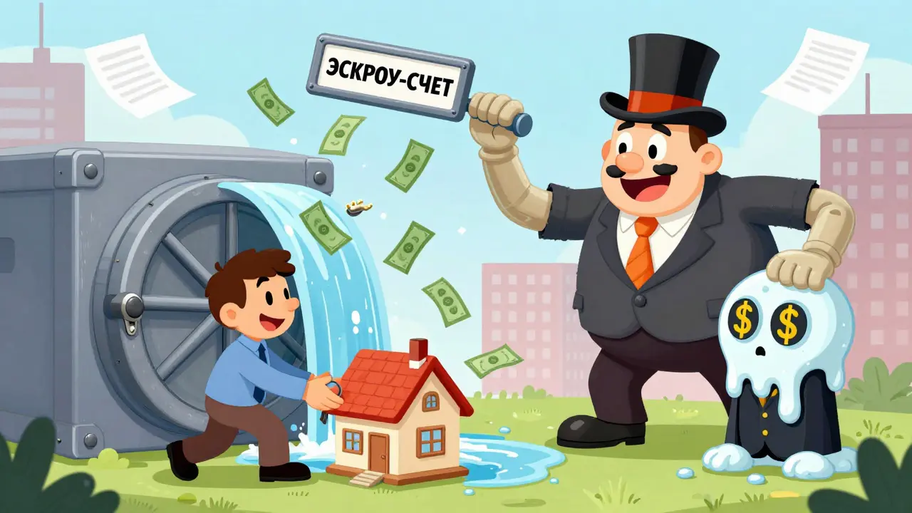 Банк направляет деньги в эскроу-счет, спасая покупателя от мошенника-застройщика.