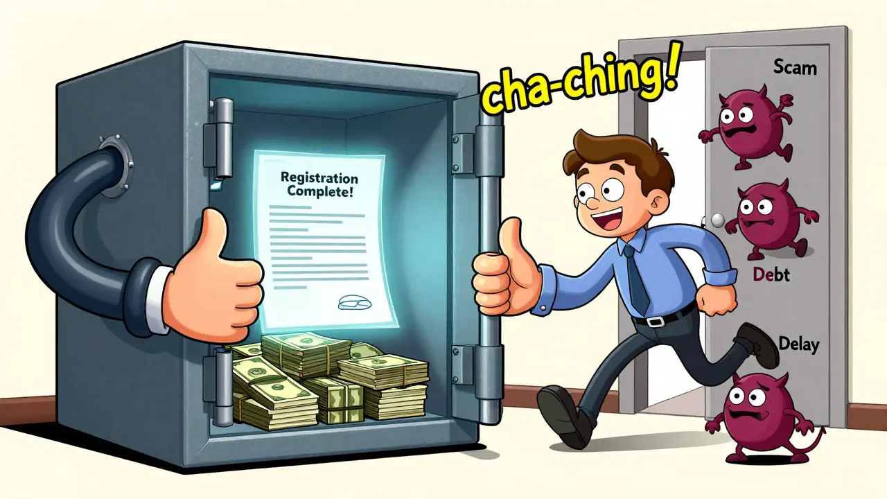 Банковская ячейка открывается, деньги и документ о регистрации, мошенники убегают — стилизованная резиновая анимация.