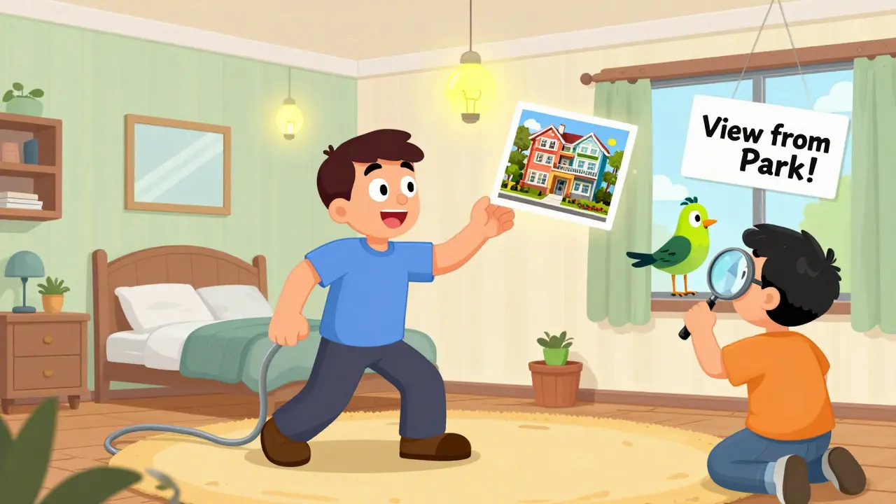 Домовладелец показывает квартиру покупателю, в комнате светло, мебель плавает, за окном вид на парк в стиле резиновой анимации.