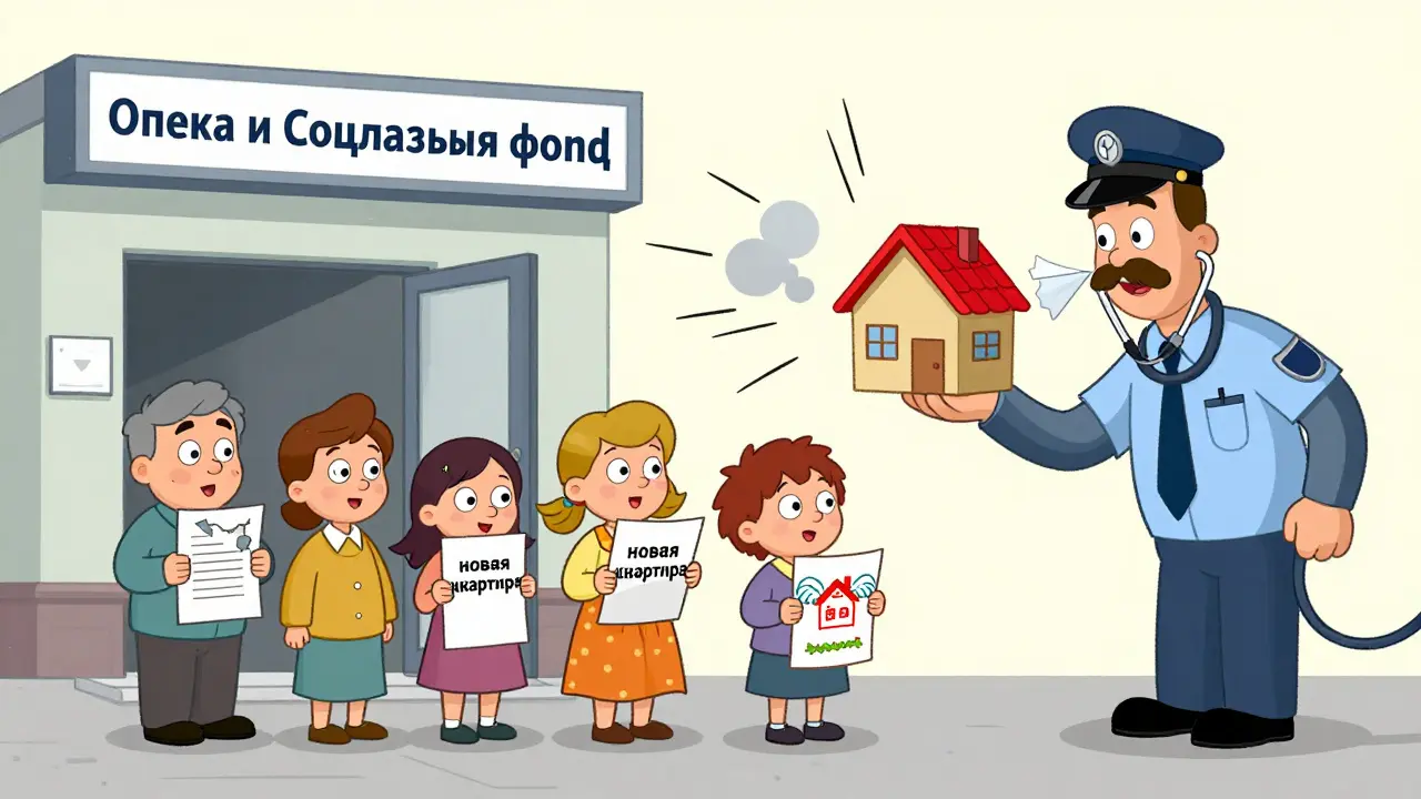 Семьи ждут в очереди к бюрократам, держа документы и рисунки новых домов.