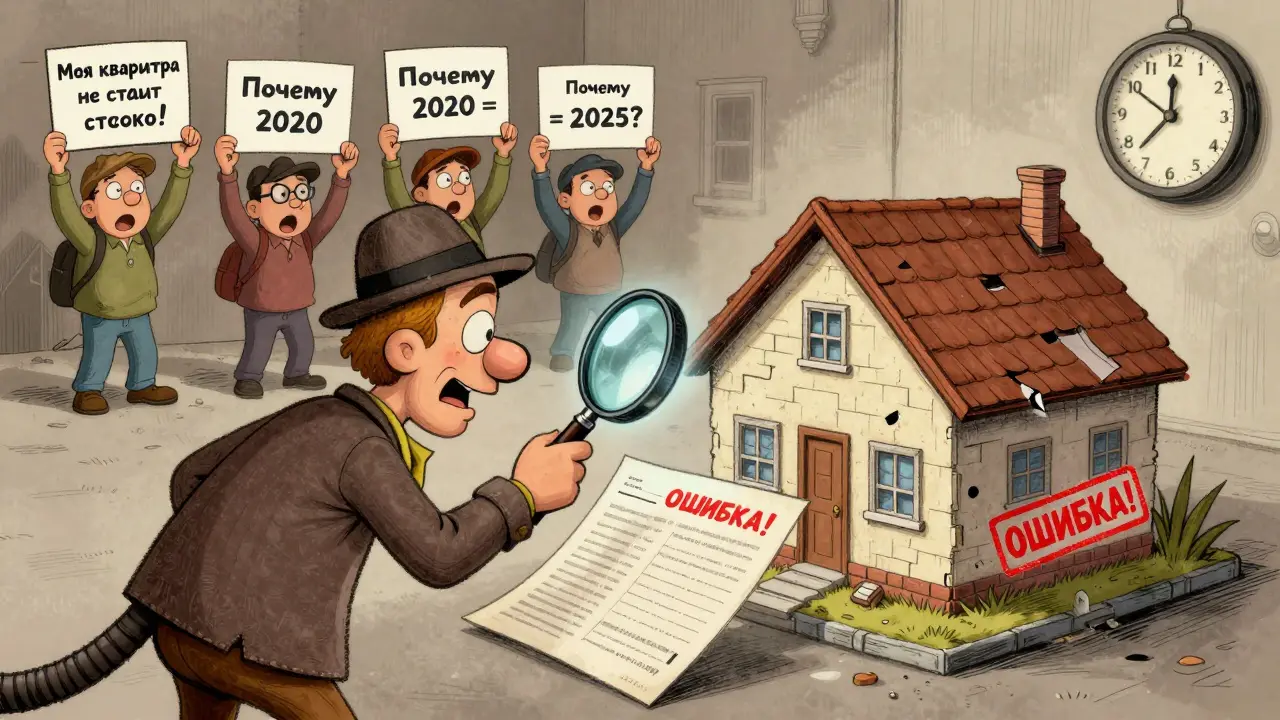 Детектив проверяет ошибку в оценке дома, за спиной — люди с плакатами, на фоне — горящий срок до 1 декабря.