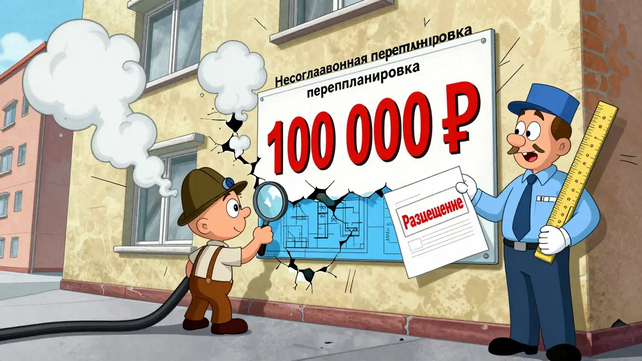 Детектив с лупой разбирает неузаконенную перепланировку, рядом — огромный штраф и техплан.