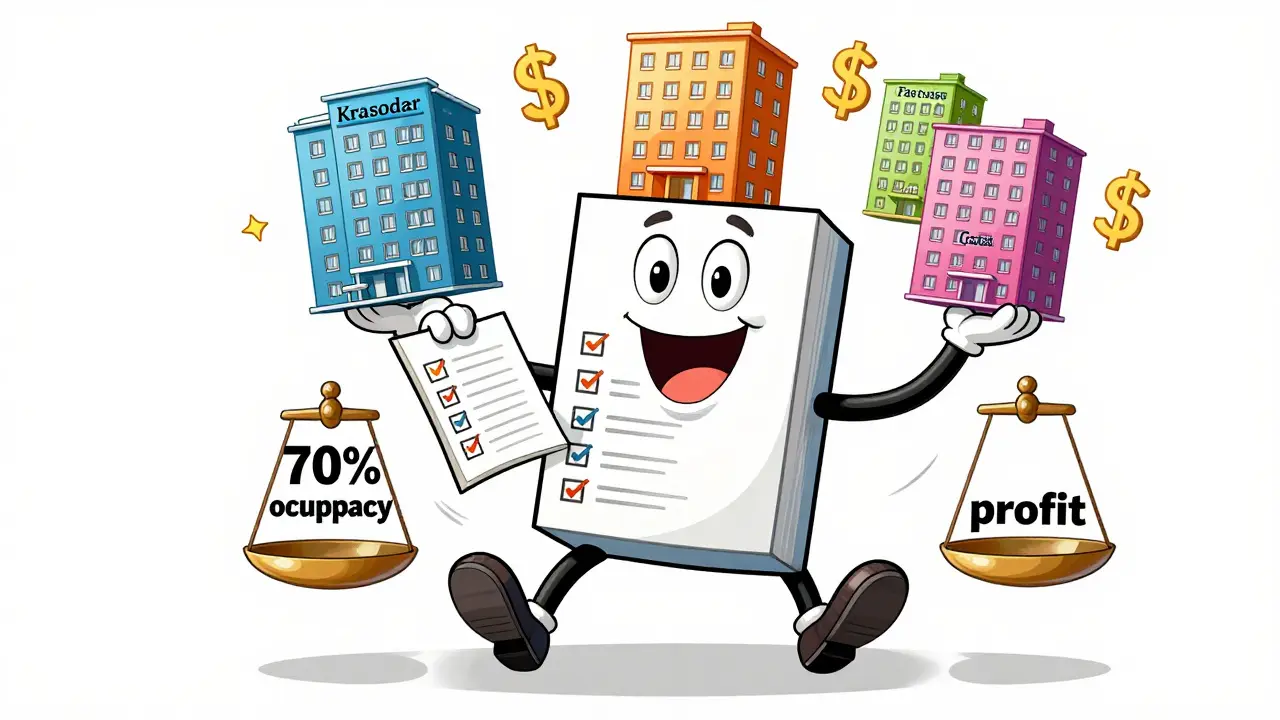 Дружелюбный менеджер-маскот управляющей компании держит пять апарт-отелей в разных регионах России.