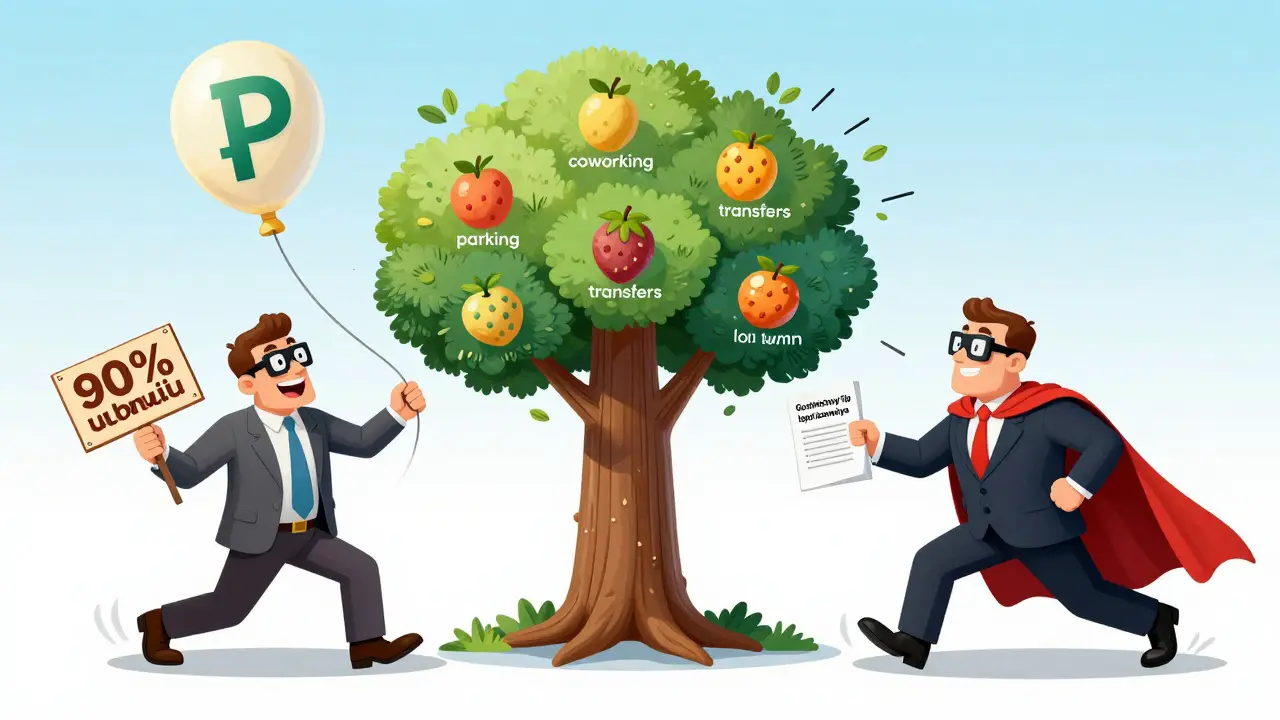 Инвестор с воздушным шаром денег выращивает дерево дополнительных доходов, а мошенник пытается его украсть.