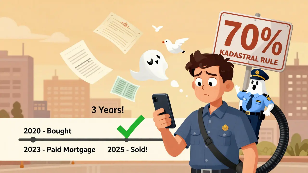 Мужчина с телефоном и призраком инспектора, позади — временная линия с датами покупки, погашения и продажи.