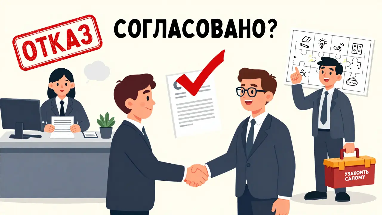 Покупатель и продавец заключают сделку, а рядом банк отклоняет ипотеку, а покупатель держит инструменты для узаконивания.