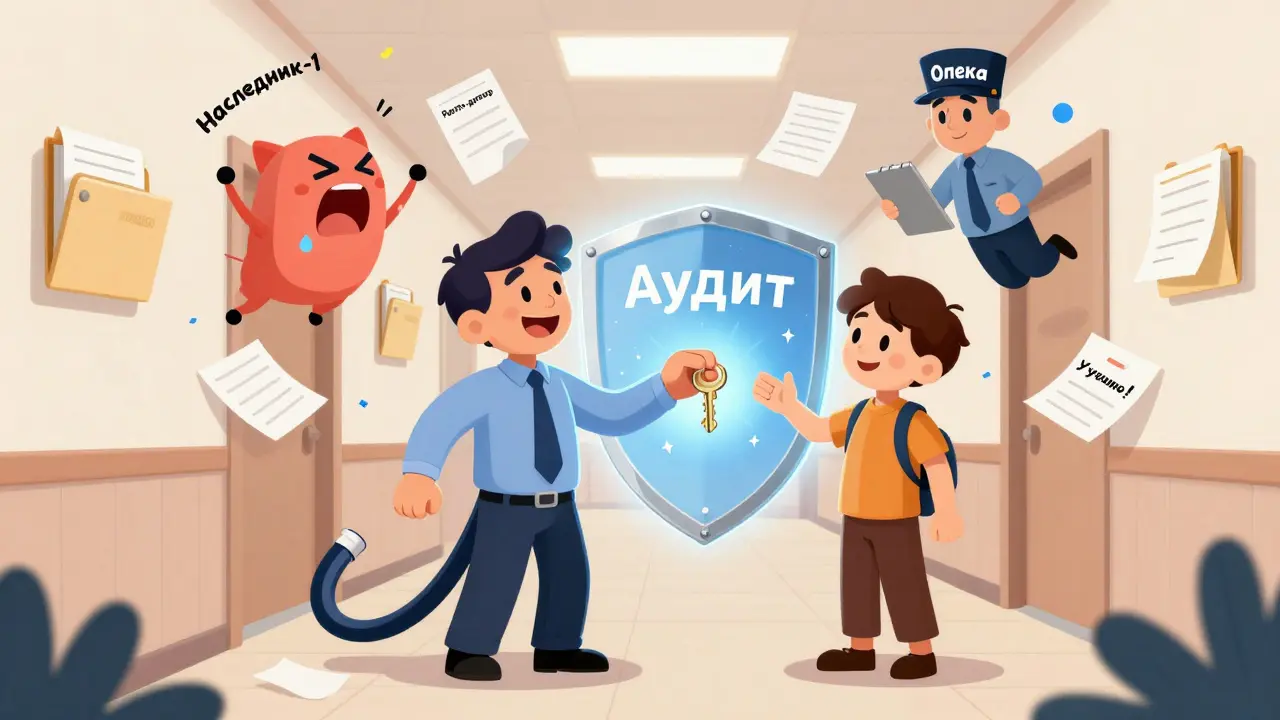 Продавец передаёт ключ покупателю, за ними — защитный щит аудита, отражающий юридические угрозы.