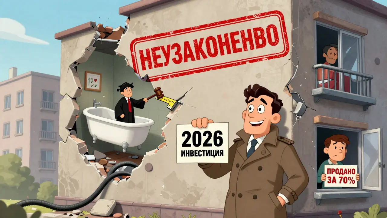 Разрушающийся дом с печатью &#039;НЕУЗАКОНЕННО&#039;, ванна над спальней соседа, инвестор с табличкой &#039;2026 ИНВЕСТИЦИЯ&#039;.