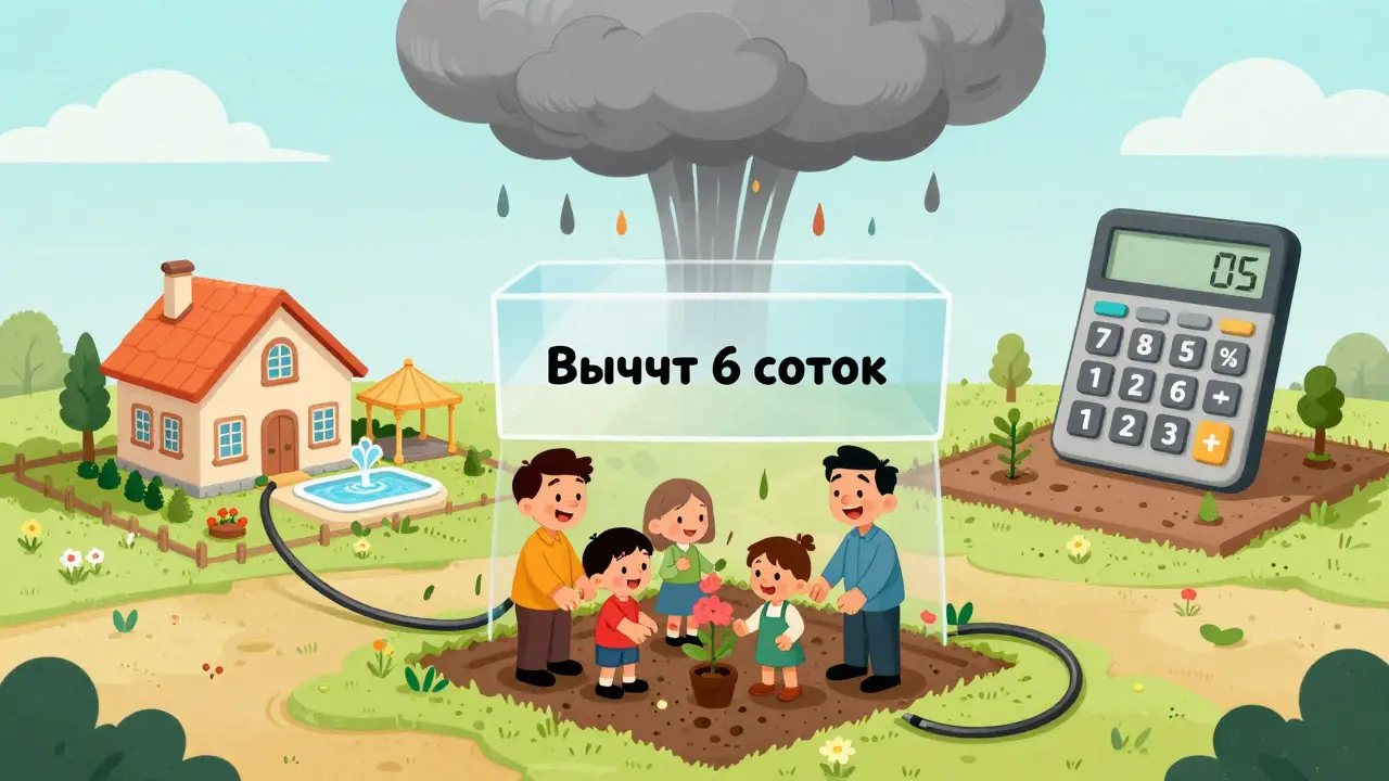 Семья на участке 6 соток, над ними прозрачный вычет, рядом — сосед с роскошным коттеджем и огромным налогом.