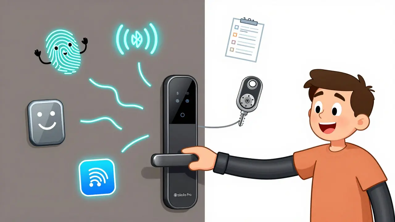 Умный замок с шестью способами открытия: отпечаток, код, брелок, приложение, Bluetooth и резервный ключ.