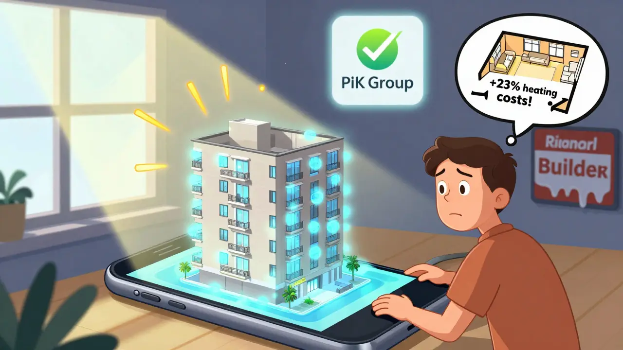 Человек смотрит на AR-проекцию квартиры, где солнечные лучи и тепловизор показывают, где холодно и где светло.