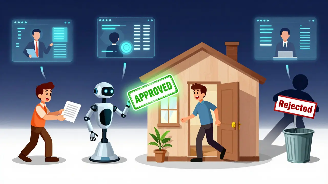 Цепочка: документы → проверка → одобрение → заселение, в конце отвергнутый кандидат исчезает в мусорке.