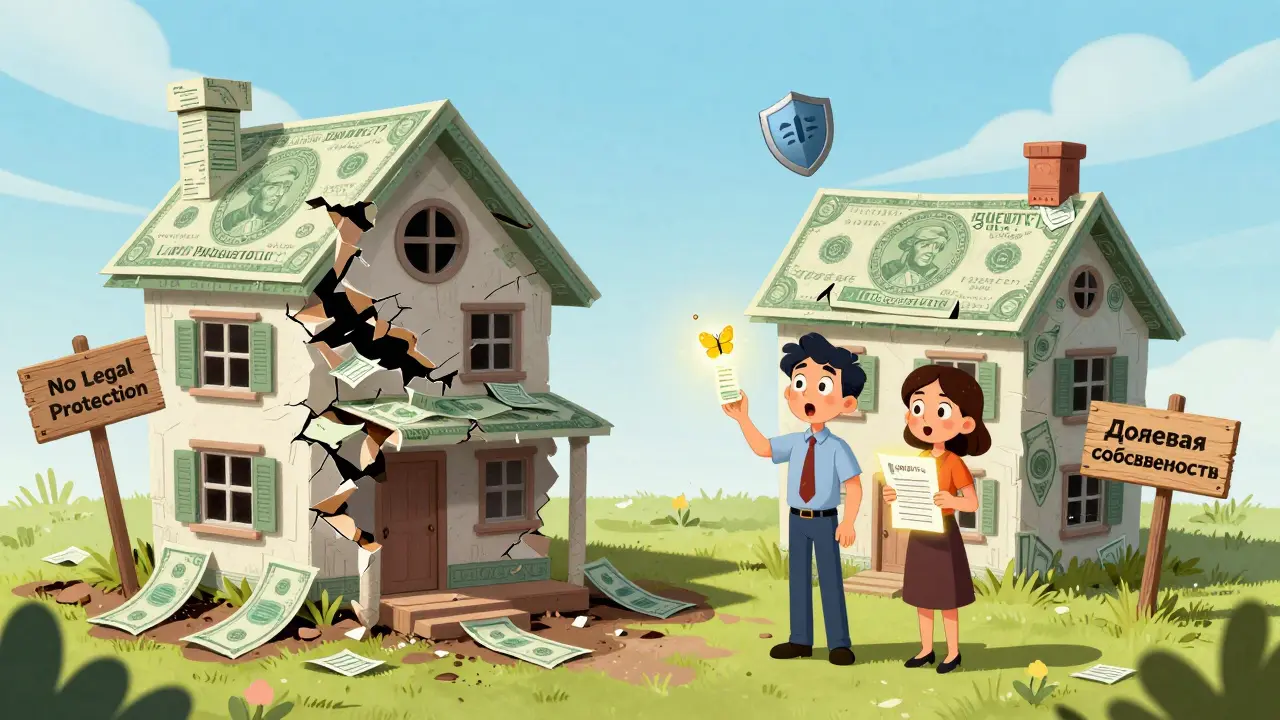 Дом из денег рушится с одной стороны, а с другой — стоит прочный дом с надписью &#039;долевая собственность&#039;.