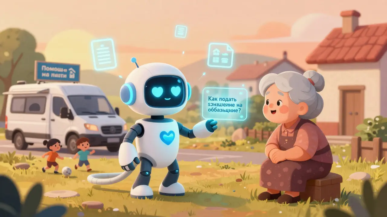 Дружелюбный робот-чатбот помогает пожилой женщине подать заявление на образование в селе.