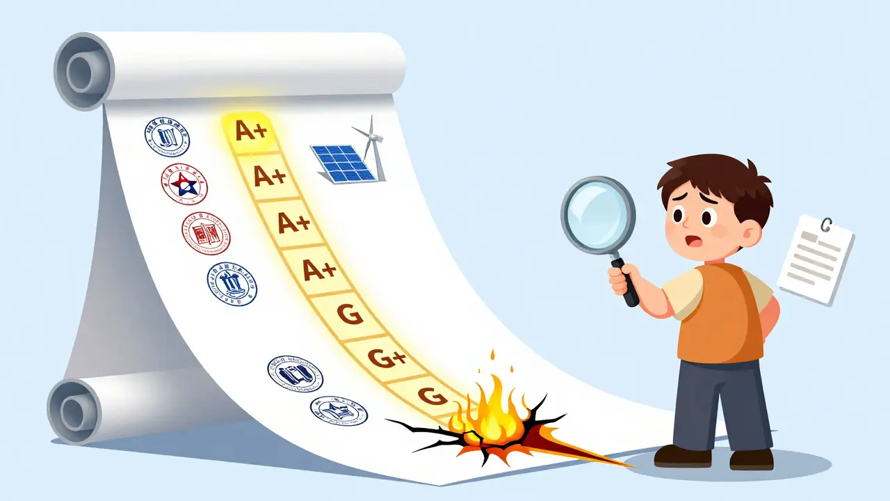 Энергопаспорт в виде лестницы от A++ до G, где верхний класс светится, а нижний трескается и теряет тепло.