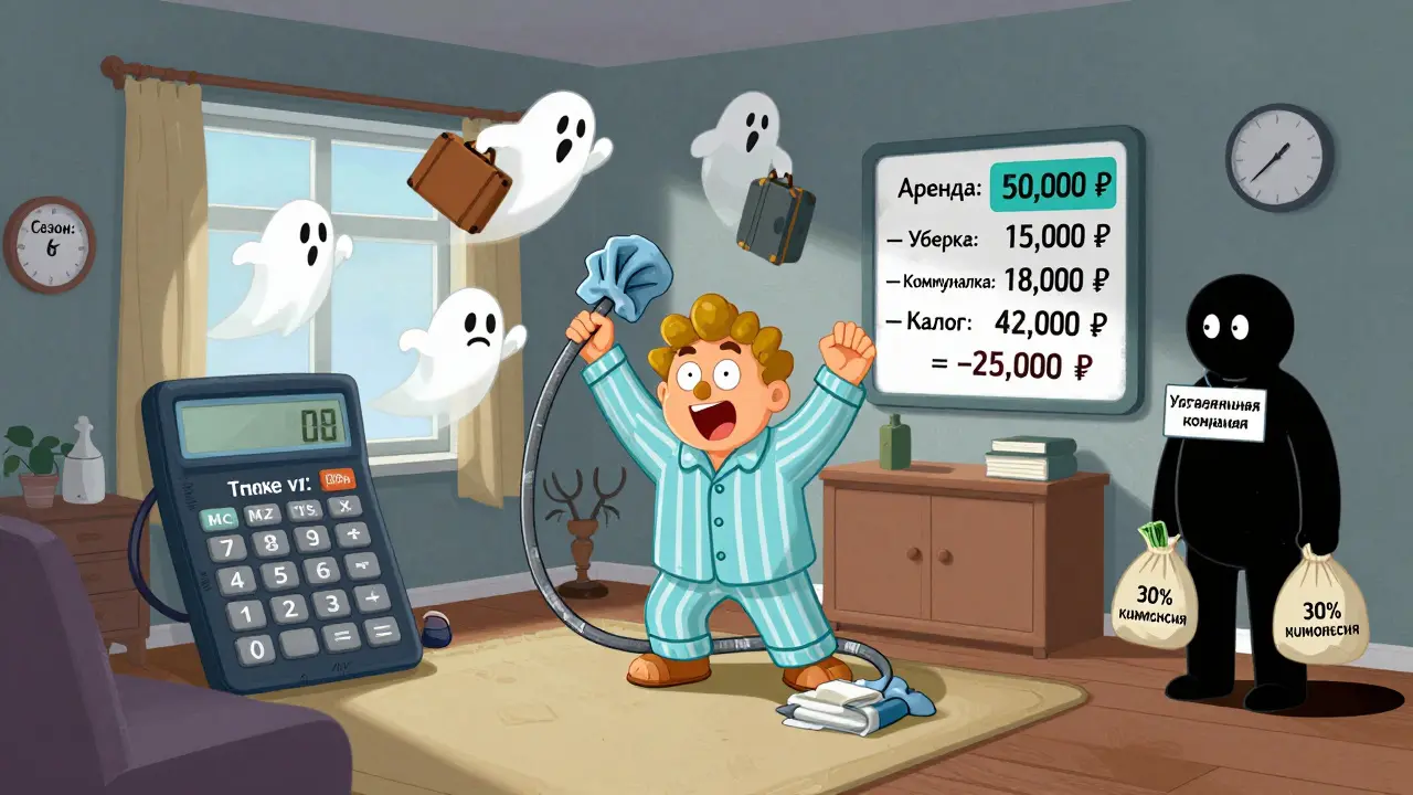 Хозяин апартаментов убирает комнату, пока гости и счета наваливаются на него.