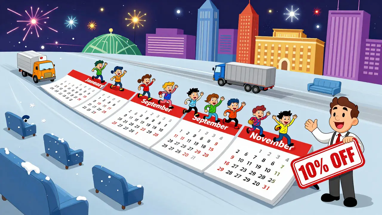 Календарь с растягивающимися месяцами: осень полна людей, зима пуста, арендодатель ставит скидку.