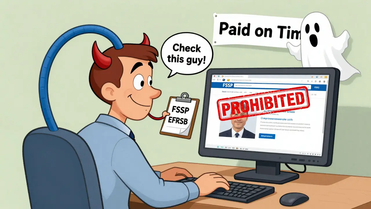 Ландлорд смотрит на экран с реестрами долгов, а над арендатором висит красная печать 'Запрещено'.