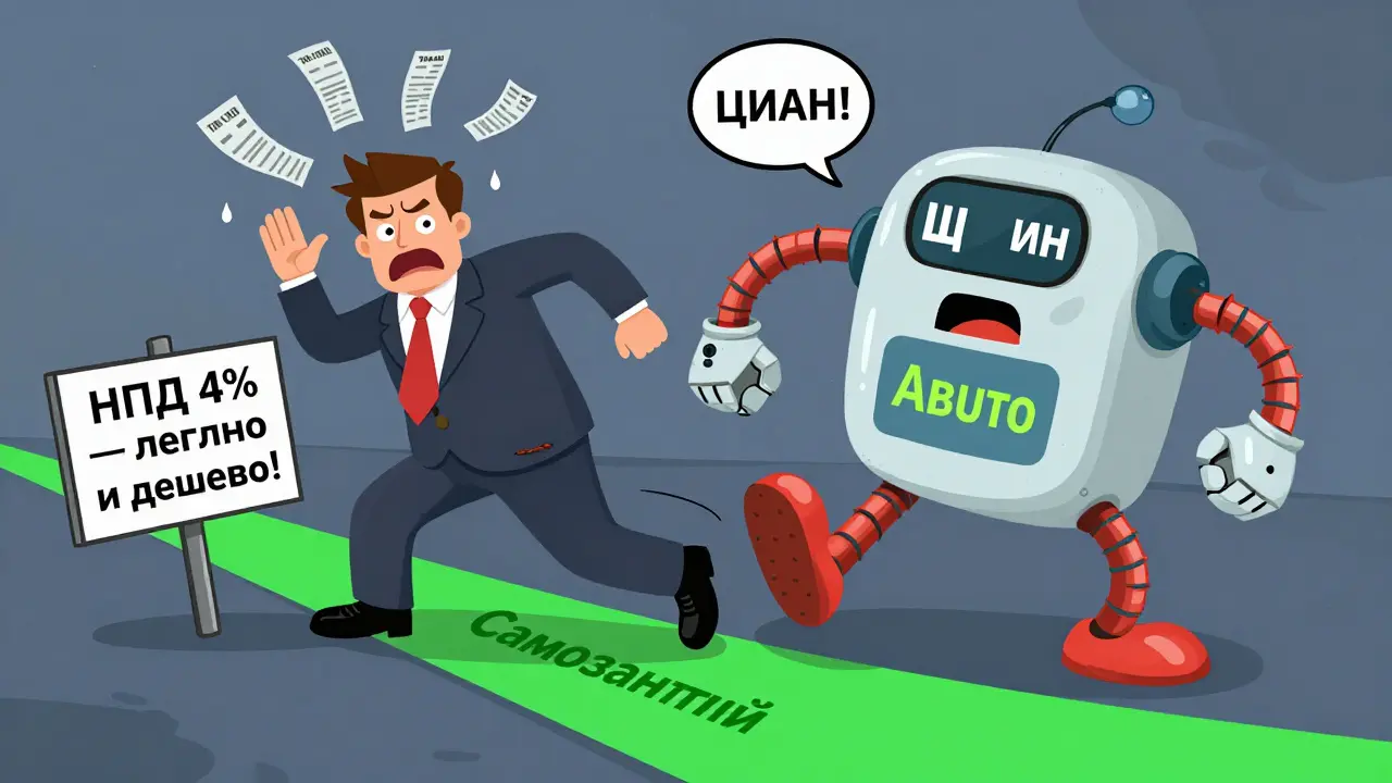 Нервный арендодатель убегает от робота ФНС с банковскими стрелками.