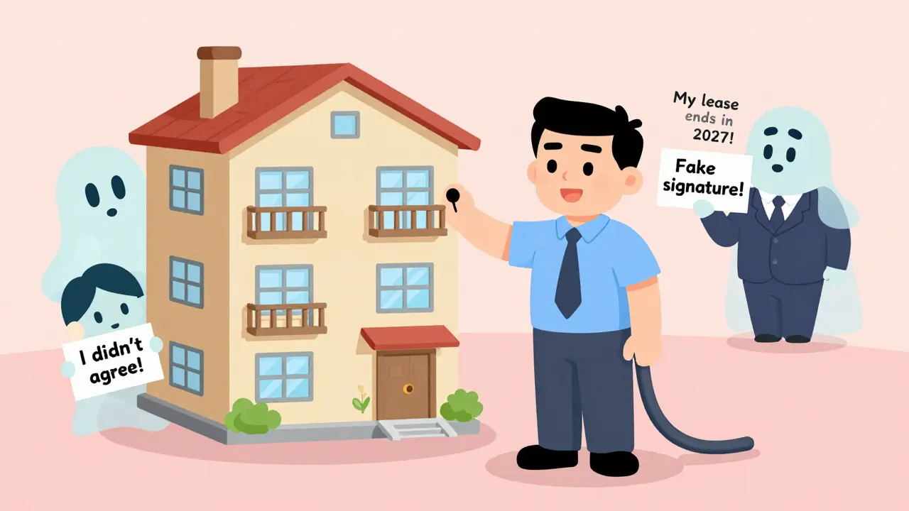 Продавец стоит у квартиры, а вокруг неё плавают призраки бывшего супруга, арендатора и мошенника.