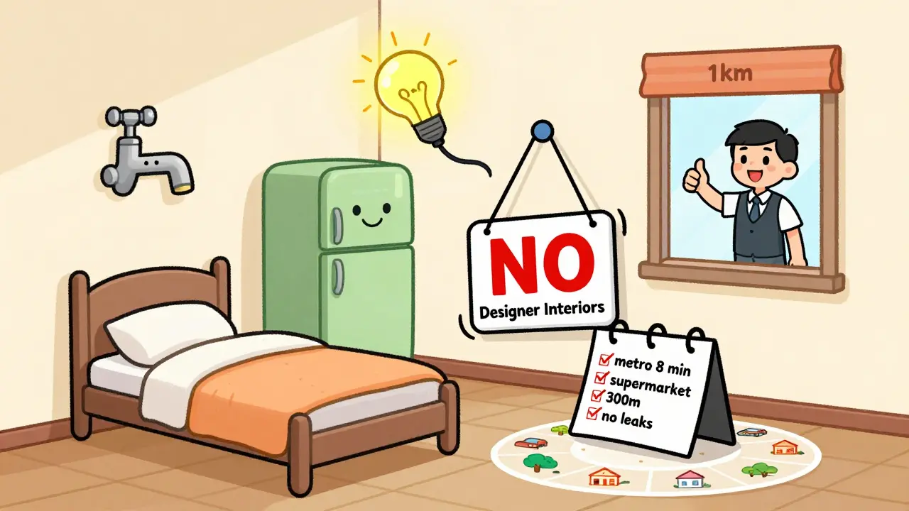 Простая квартира с базовой мебелью и значками метро, магазинов и школ в радиусе 1 км.