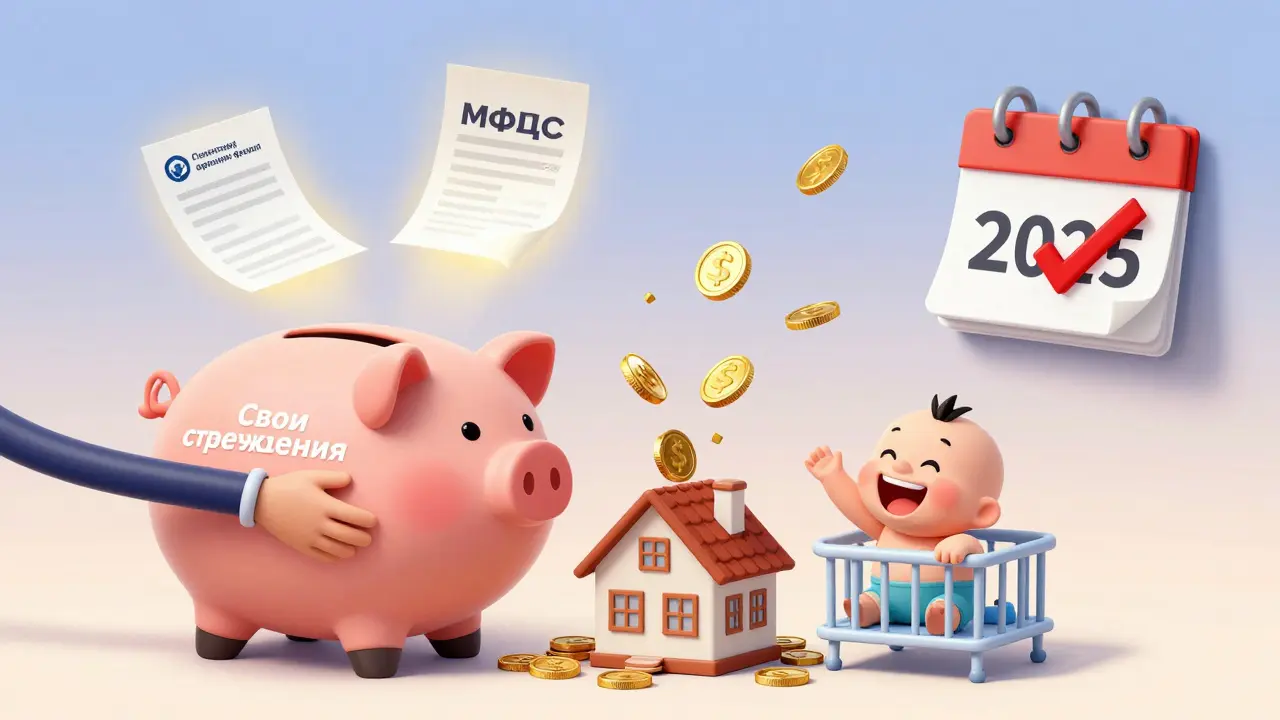 Родитель вливает сбережения в модель дома, рядом светятся документы из Пенсионного фонда и МФЦ.