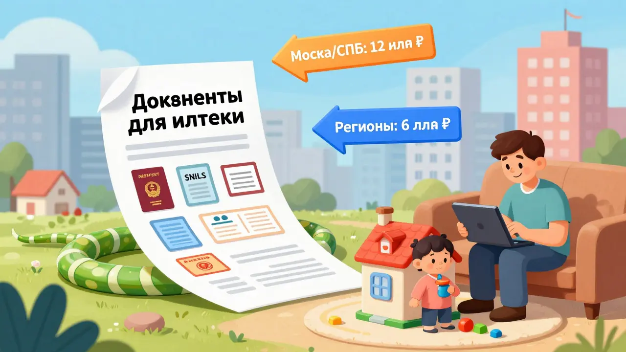 Родитель заполняет ипотечные документы на планшете, рядом летают значки паспортов и маткапитала.