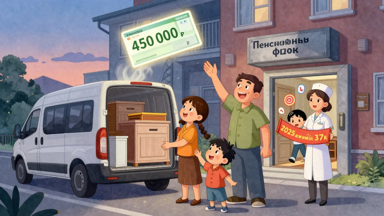 Семья грузит мебель в новый дом, а из неба падает чек на 450 000 рублей.