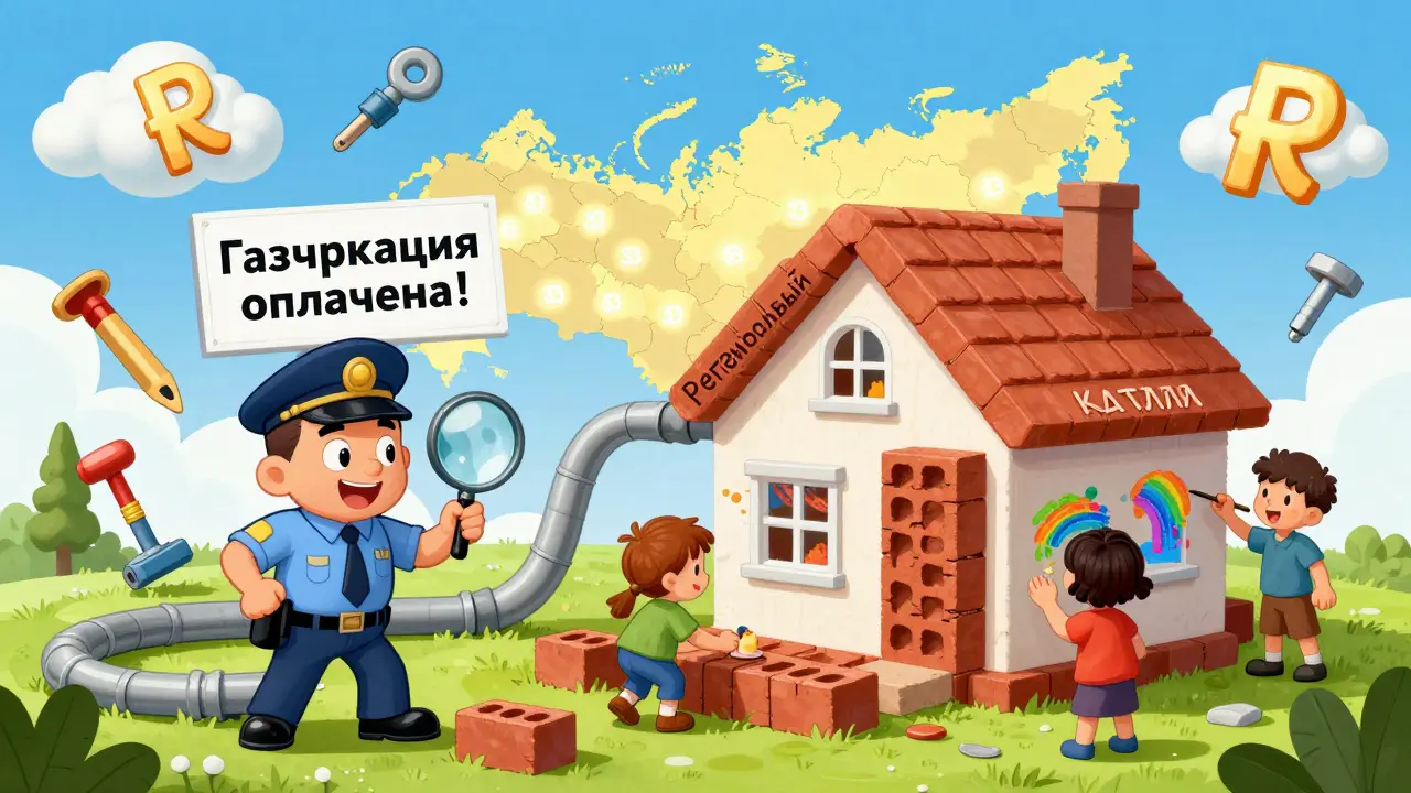 Семья строит дом из кирпичей с надписями &#039;федеральный&#039; и &#039;региональный капитал&#039;, газовая труба подключается к дому.