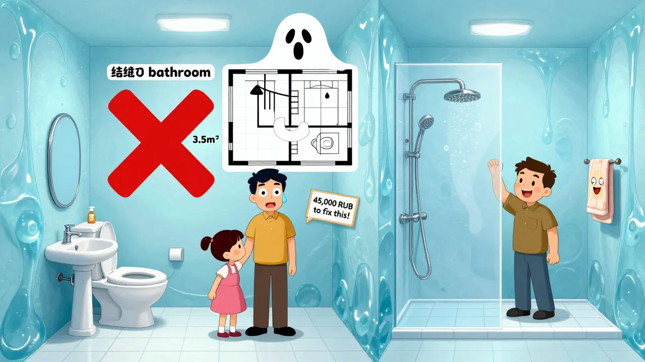 Семья в крошечной ванной смотрит на призрачный план с раздельным санузлом, а над головой — красный крест и надпись о расходах.