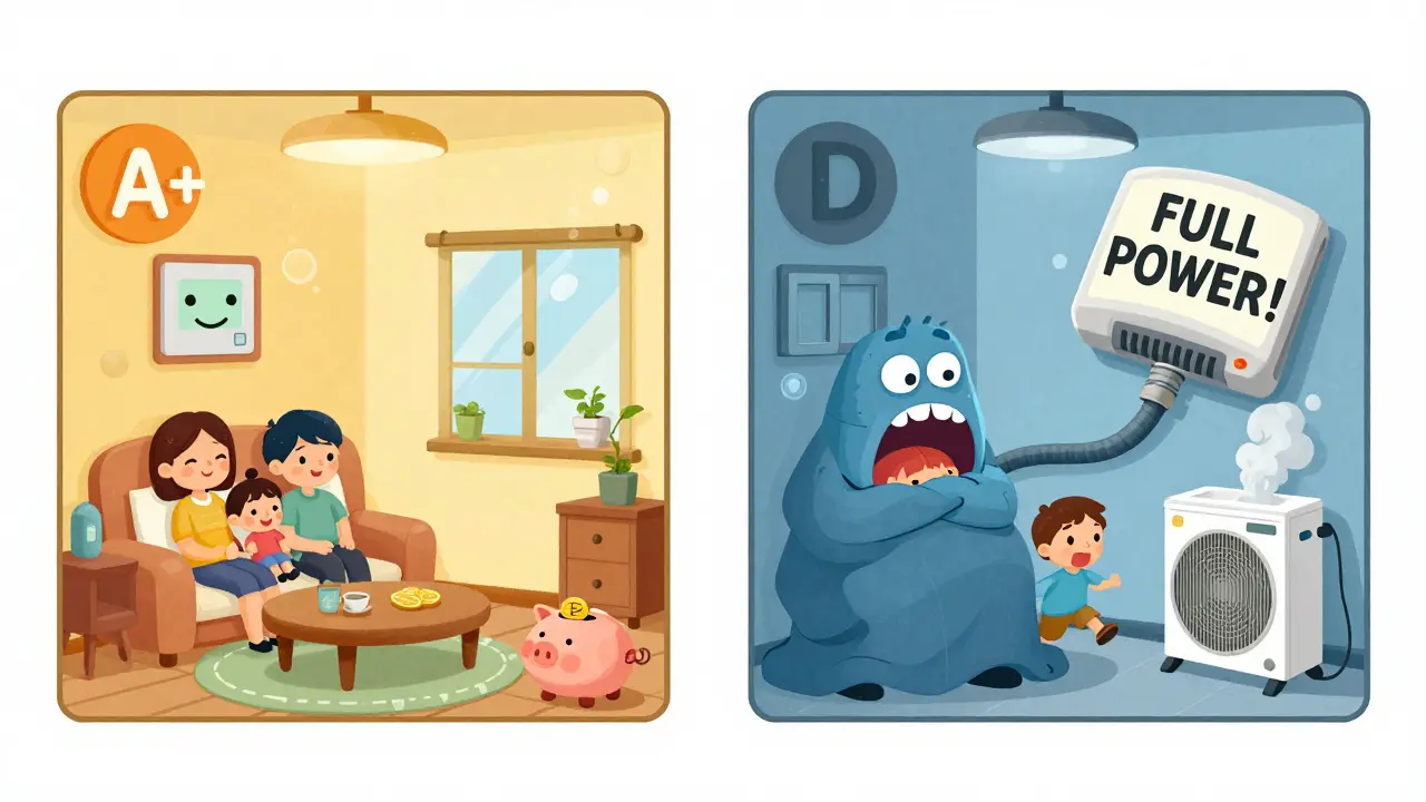 Сравнение: уютная квартира A++ с копилкой сбережений и холодная квартира D с монстром-счетом за электричество.