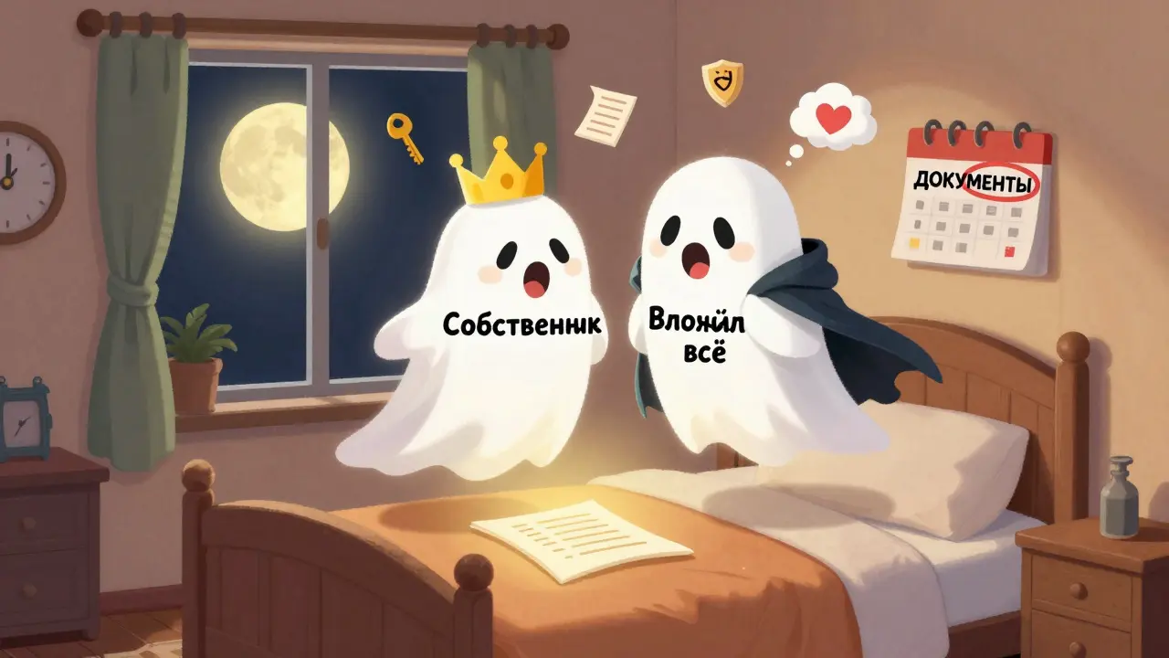 В комнате два призрака над кроватью, на тумбочке светится завещание, а на стене календарь с пометкой &#039;документы&#039;.