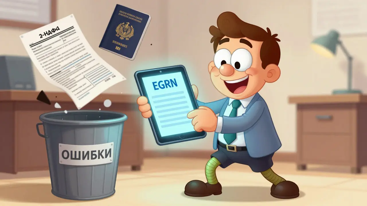 Банкир смотрит на цифровой документ, пока ошибочные бумаги падают в мусорку.