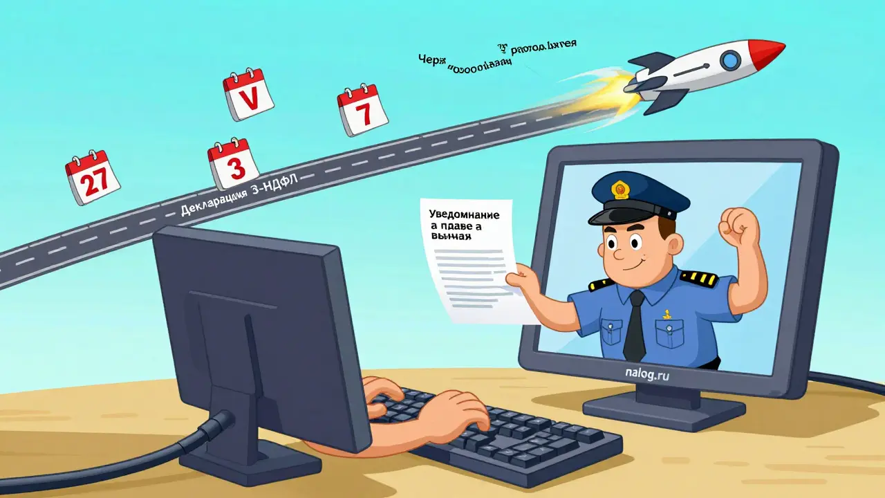 Человек подает заявление на налоговый вычет через сайт ФНС, а сроки сокращаются до ракеты.