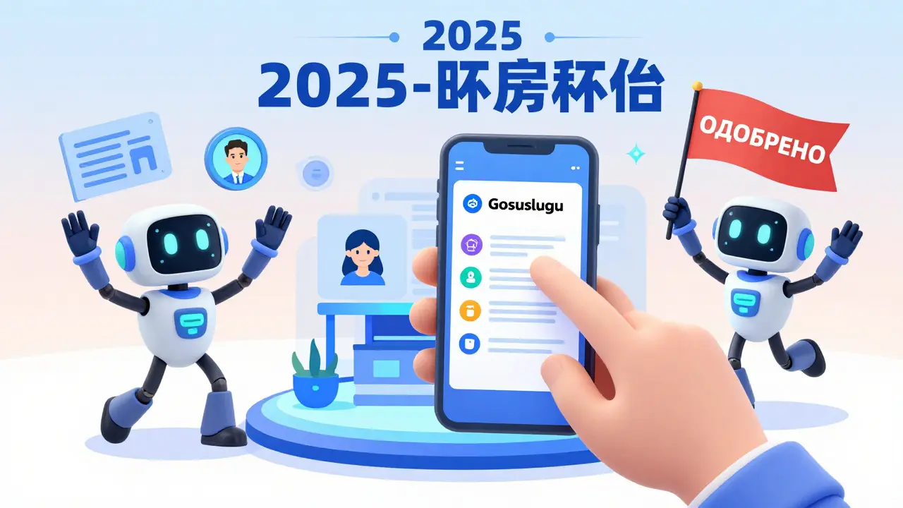 Человек загружает документы через телефон, вокруг него танцуют роботы-системы с флагом 'Одобreno'.