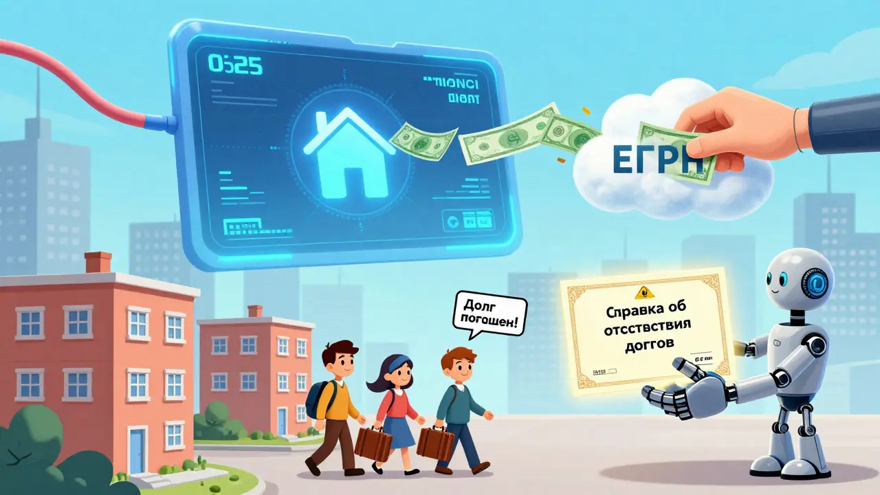 Цифровой экран в 2025 году показывает, как долги исчезают из ЕГРН, а семья уходит с квартиры, получив справку.