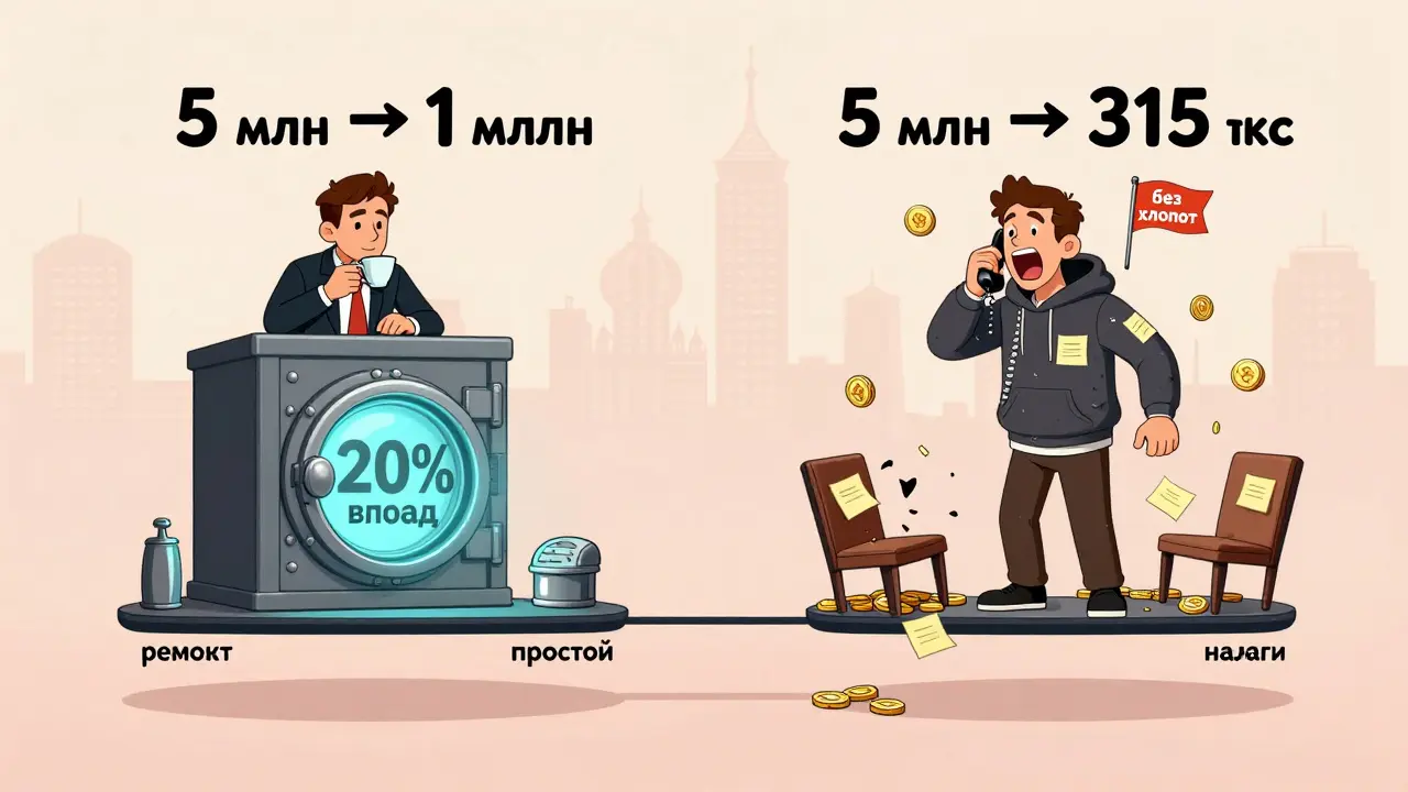 Два человека: один спокоен с банком, другой в хаосе аренды — сравниваются доходы и хлопоты.